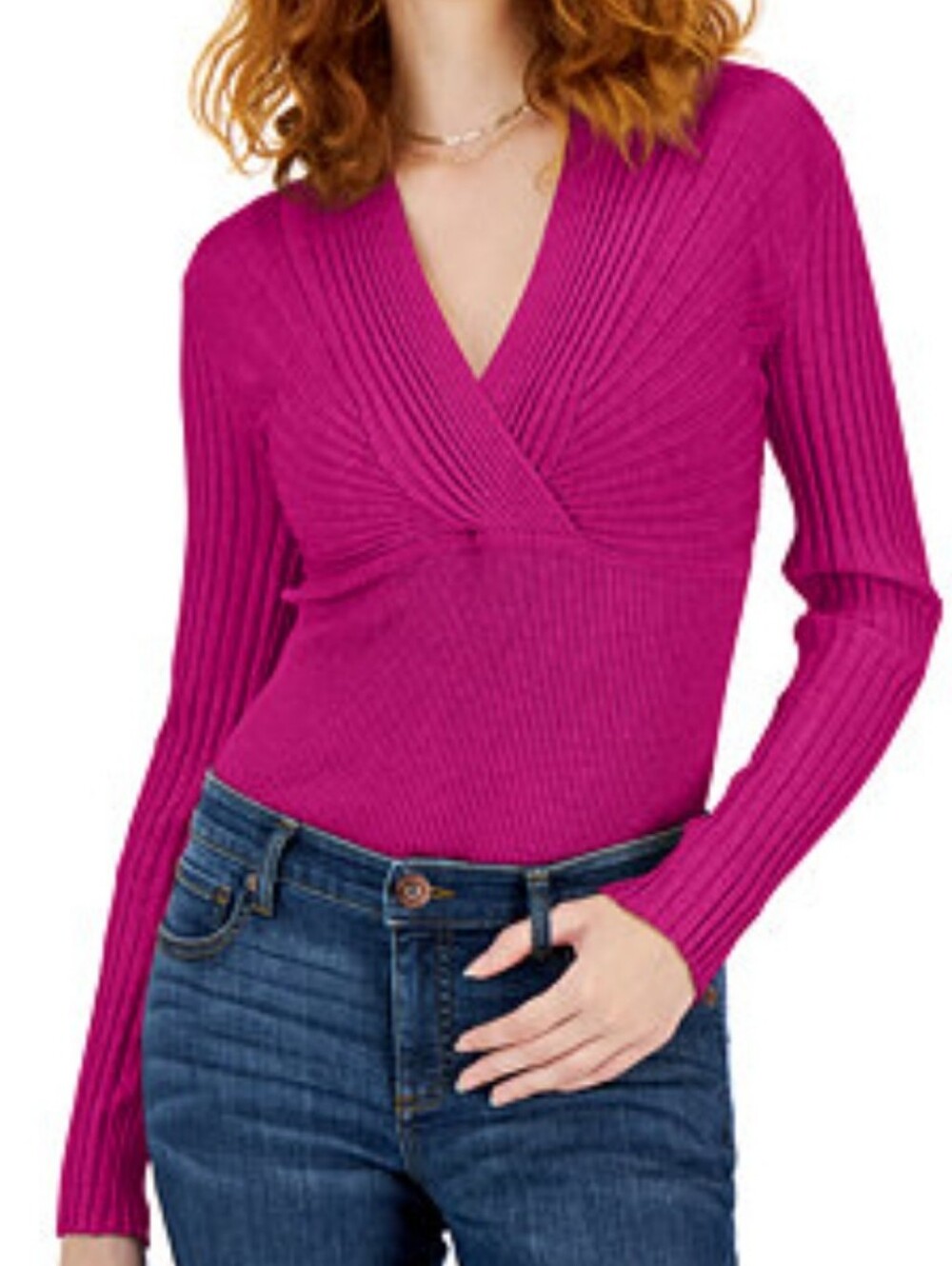 INC International Concepts Fuchsia Ribbed Wrap-Front Long Sleeve Top